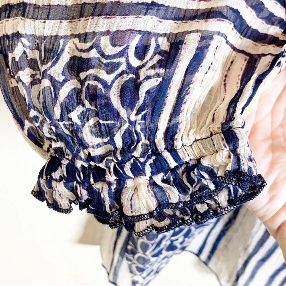 Lucky Brand Red Blue Printed Boho Bohemian Peasant Top Blouse Sheer Tunic Shirt‎